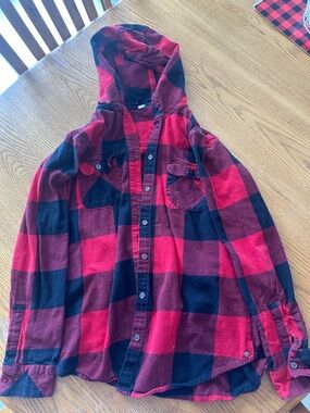 Red and Black Buffalo Plaid Hooded Button-Down Shirt